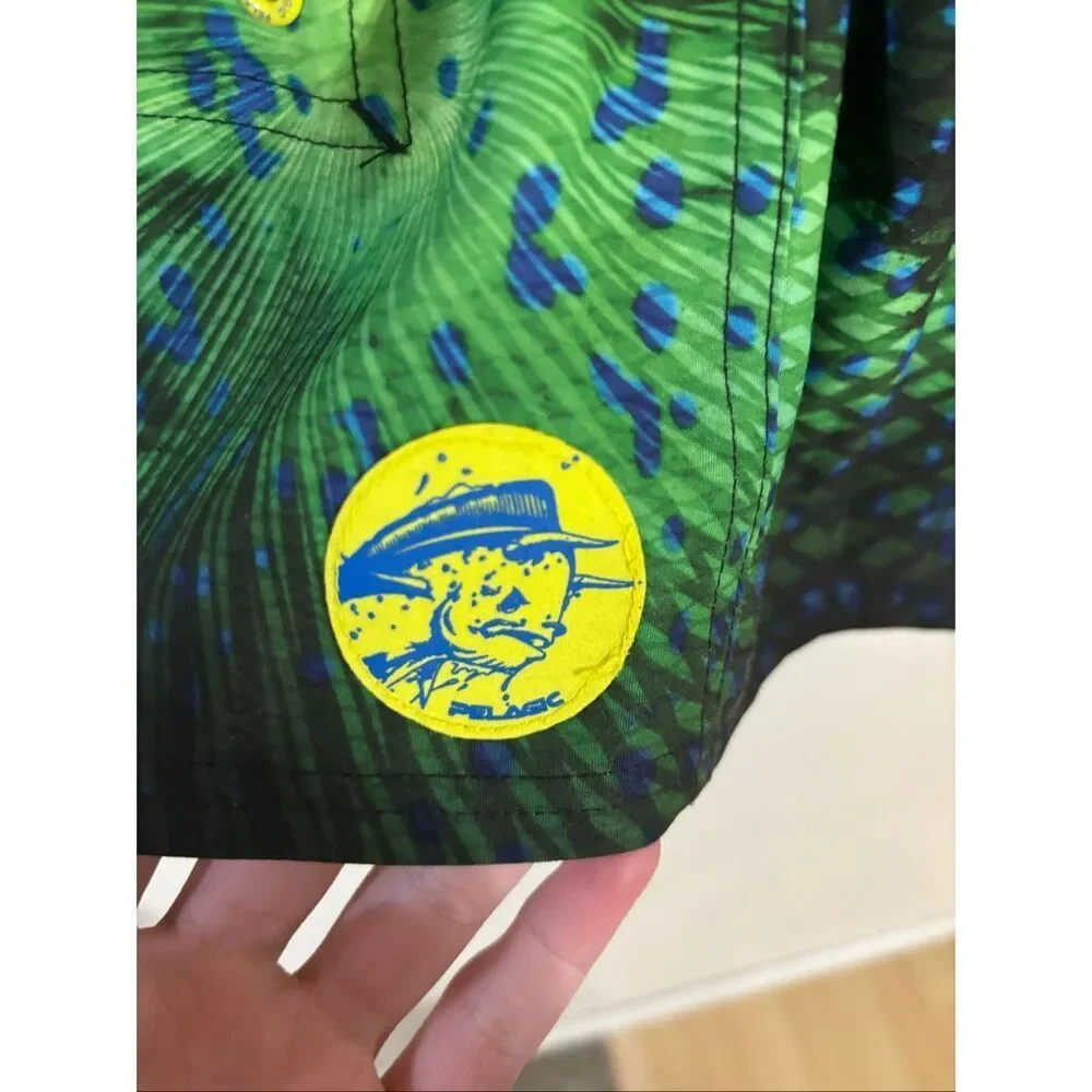 Pelagic Sharkskin Psycho Dorado Green Swimming Fishing Board Shorts Men's 36